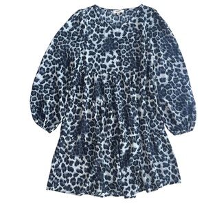 ee:some Women’s S Gray Leopard Print Balloon Sleeve Tiered Babydoll Dress DK4073
